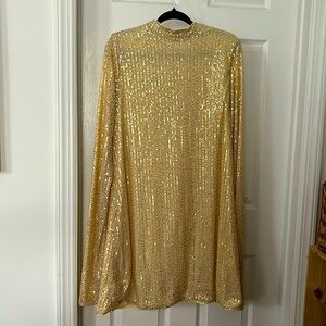 Gold-Sequined Winged arm mock-neck mini dress